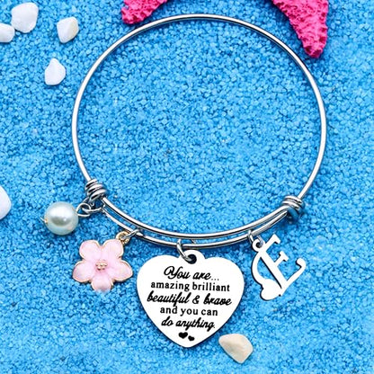 Aeora Inspirtional Bracelet Gift,Funny 26 Letter Initial A-Z Silver Heart Dangle Bangle For Women Lady Daughter Mom Sisters Friends Colleague Birthday Christmas Reminder Jewelry - color: E
