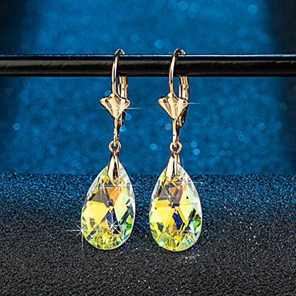 Austrian Crystal Teardrop Leverback Dangle Earrings for Women Fashion 14K Gold Plated Hypoallergenic Jewelry - color: Aurora Borealis