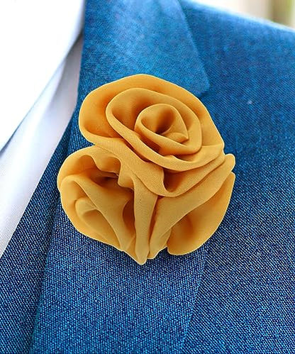 Premium Trio Cluster Flower Lapel Pin - Formal Boutonniere for Men, Flower Brooch Pin - color: Mustard