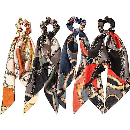 LFOUVRE 4pcs Chain Satin Hair Accessories - Ribbon Scrunchies with Long Tails, Knotted Hair Bands and Elastic Ties for Girls - color: Green Pink Navy Red
