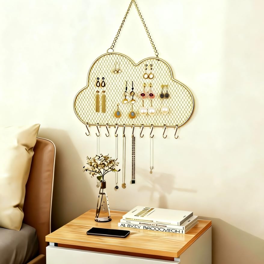 Heshouer Cloud-shaped Earring Wall Holder, Gold | Wall Mounted, 10 Hooks & Small Grid, Hanging Display Stand, For Earrings Necklace, Decorative Bedroom Closet Home Decor - size: Cloud-shaped