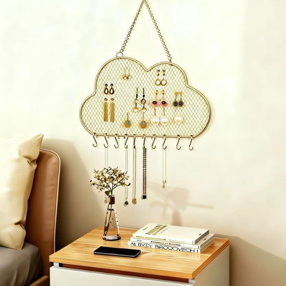 Heshouer Cloud-shaped Earring Wall Holder, Gold | Wall Mounted, 10 Hooks & Small Grid, Hanging Display Stand, For Earrings Necklace, Decorative Bedroom Closet Home Decor - size: Cloud-shaped