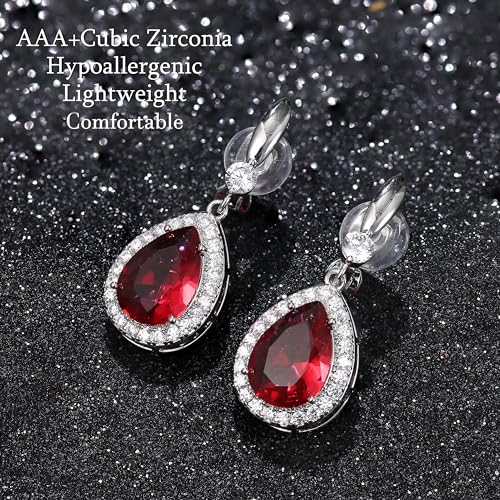 THUNARAZ Clip on Dangle Earrings for Women, Rhinestone Wedding Prom Jewelry | Clip Earrings Non-Pierced, Teardrop Dangle Earrings, Crystal Drop Earrings, Elegant Rhinestone Jewelry for Bride Bridesmaid - color: Silver Tone/Red Stone