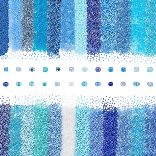 PH PandaHall 12000PCS 24 Styles Glass Seed Beads 3~4mm 8/0 Blue Friendship Waist Bead Round Tiny Loose Spacer Beads Small Craft Seed Mini Glass Bead for Summer Seaside Beading Weaving Bracelet