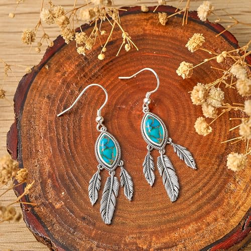 AVECON Turquoise Dangle Earrings for Women, Sterling Silver Feather Jewelry | Genuine Western Marquise Boho Pierced, Native American Jewelry with Hook and Leaf, for Cowgirl & Cowboy - color: Teal Turquoise