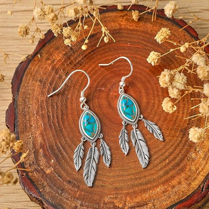 AVECON Turquoise Dangle Earrings for Women, Sterling Silver Feather Jewelry | Genuine Western Marquise Boho Pierced, Native American Jewelry with Hook and Leaf, for Cowgirl & Cowboy - color: Teal Turquoise