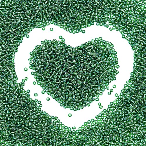 2mm Glass Seed Beads Bulk, Green with Silver 12/0 Tiny Round Seed Bead, Small Mini Pony Craft Beads for Bracelet Necklace Wrist Jewelry Making Beading Weaving DIY Crafts Supplies - color: Green with Silver