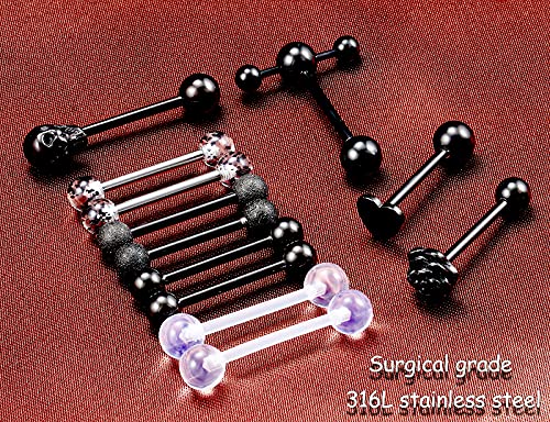 Prjndjw Jewelry, 5/8in(16mm) L, 14G Tongue Piercing Barbells Multicolor Surgical Stainless Steel Long Nipple Piercing Barbells Body Jewelry for Women - color: Black