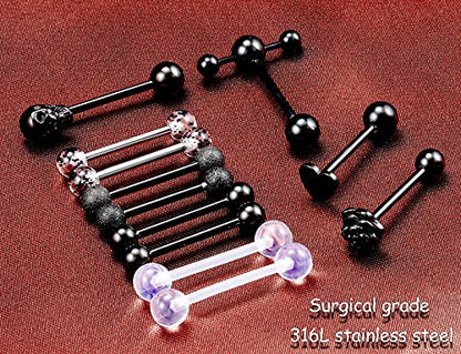 Prjndjw Jewelry, 5/8in(16mm) L, 14G Tongue Piercing Barbells Multicolor Surgical Stainless Steel Long Nipple Piercing Barbells Body Jewelry for Women - color: Black