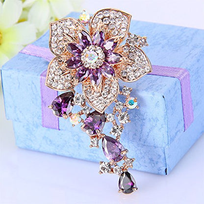 EVER FAITH CZ Austrian Crystal Blooming Orchid Flower Tear Drop Pendant Brooch Pin Gold-Tone
