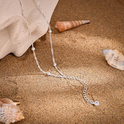 Moodear Ankle Bracelets for Women 14K Silver Plated Layered Chain Anklets | Waterproof Non Tarnish Adjustable Double Layer Anklet with Satellite Bead Chain Design for Summer Beach Jewelry Gift - color: silver-5