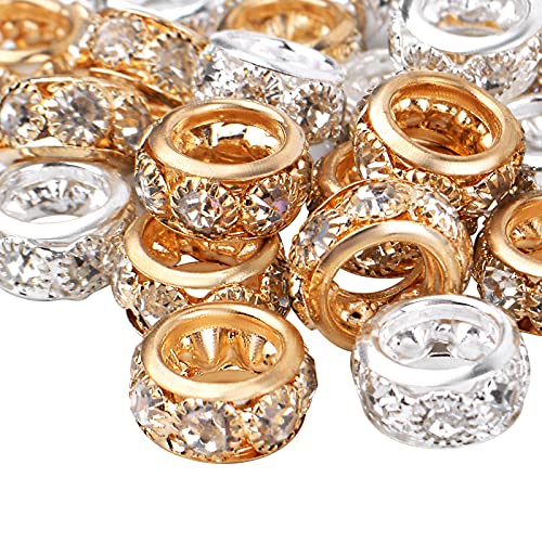 BronaGrand Large Hole Spacer Beads, 40pcs 12 mm Crystal Rhinestone European Beads Brass Rondelle Charm Spacers Loose Beads Crafts Supplies for DIY Snake Chain Bracelets Jewelry Making, Gold, Silver - color: Gold&Silver, size: 12MM