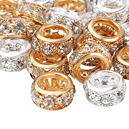 BronaGrand Large Hole Spacer Beads, 40pcs 12 mm Crystal Rhinestone European Beads Brass Rondelle Charm Spacers Loose Beads Crafts Supplies for DIY Snake Chain Bracelets Jewelry Making, Gold, Silver - color: Gold&Silver, size: 12MM