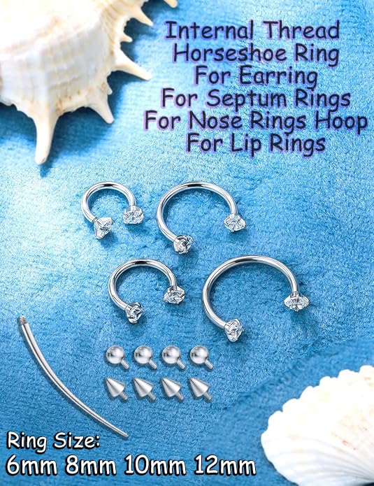Oufksiyy Horseshoe Nose Ring Surgical Steel internal thread Double Gem Stud Nose Rings 16g Black Gold Lip Rings Cubic Zirconia Daith Septum Piercing Jewelry for Women Inner Diameter 6/8/10/12mm - color: Silver horseshoe rings 16G 6-12MM