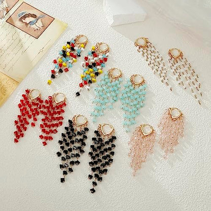 Fringe Hoop Dangle Earrings, Long Beads Tassel Chain Earrings for Women Sparkly Chandelier Earrings - color: White