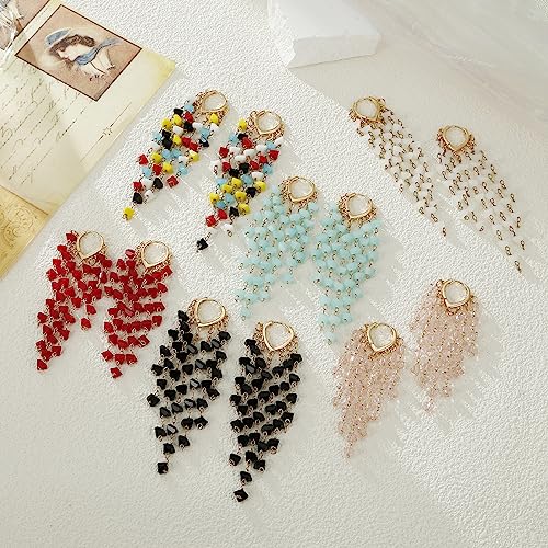 Fringe Hoop Dangle Earrings, Long Beads Tassel Chain Earrings for Women Sparkly Chandelier Earrings - color: Lt Pink