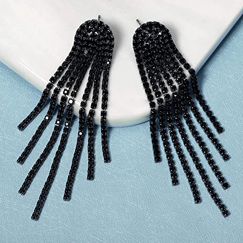 Mlouye 3.3"L Rhinestone Earrings Dangling Long Fringe Crystals Chandelier Dangle Drop Earrings for Women - color: 1-Pierced-Black