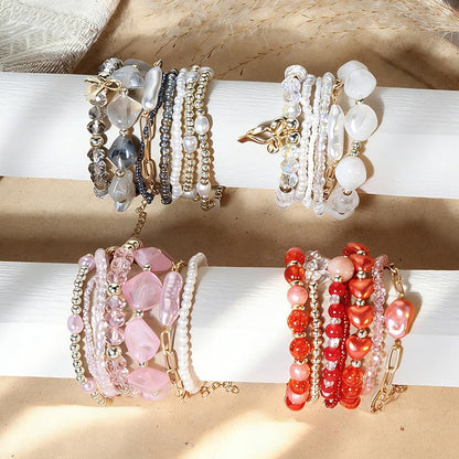7PCS Boho Bohemia Multilayer Beaded Bracelet Set Stackable Crystal Bead Bracelets Heart Pearl Charms Multicolor Bohemian Stretch Bracelets for Women Summer Beach Jewelry Gifts - color: Pink