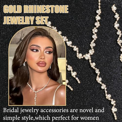 Rhinestone Jewelry Set Crystal Pearl Necklace Bracelet Earrings | Sparkly Necklace Dangle Earrings,Wedding Prom Formal Costume Jewelry Sets for Women - color: Gold3