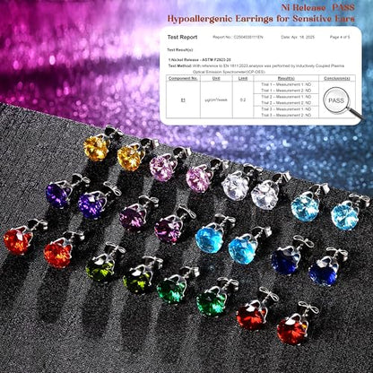 LOYALLOOK 12 Pairs Stainless Steel Cubic Zirconia Stud Earrings, Brilliant Cut Round CZ Earrings set, Birthstone Stud Earrings for Women - style: 3#: 8mm 12 pairs