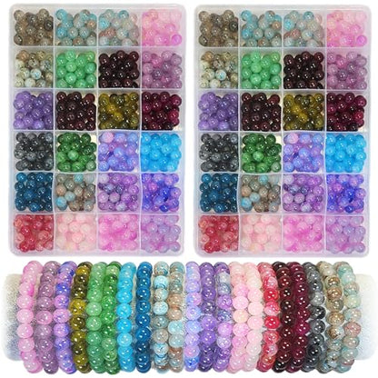 1200PCS 8mm Glass Beads Bracelet Making Kit, 24 Colors Crystal Beads for Jewelry Making, 2 Box Cataclastic Lineation Beads Suitable for Beginners - color: 2 Box