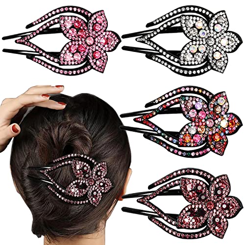 4PCS Heart Flower Rhinestone Hair Clip Duck Bill Barrettes Shiny Decorative Hair Clips Hair Accessories for Women - color: A