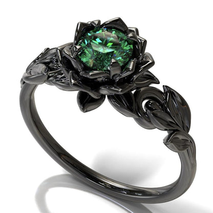 Cubic Zirconia Rings For Women, Gothic Ring Black Flower Crystal Stackable Trendy Floral Eternity Travel Engagement Statement Wedding Birthday Jewelry Gift - color: Goth Black Green