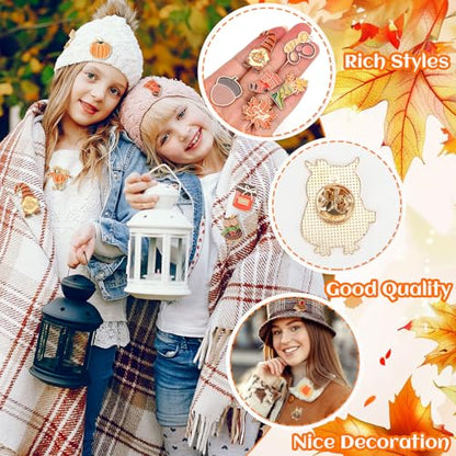 SANNIX 15Pcs Fall Pins, Autumn Enamel Pins Bulk Thanksgiving Lapel Pins Pumpkin Maple Leaf Brooch Pins for Fall Party Favors Clothes Bags Hats Accessories, 15 Styles - style: Fall Pin
