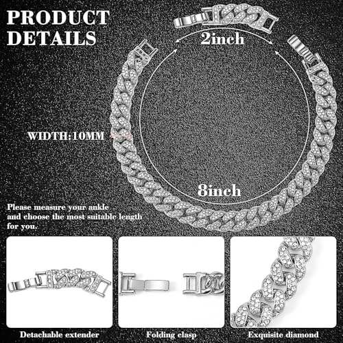 Batiyeer Women's Ankle Bracelets Cuban Link Chain Anklets Adjustable Chunky Anklets with Detachable Extender Rhinestone Bling Jewelry Gifts - color: Silver, size: 10 Mm, 8+2 Inches