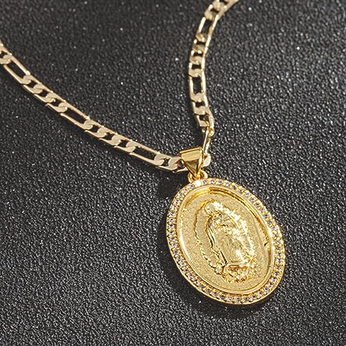 14K Gold Plated Guadalupe Virgin Mary Oval Pendant Necklace for Women Men Zircon Inlay Virgin Mary 3mm Flat Figaro Chain Necklace - color: gold, size: chain length:22"