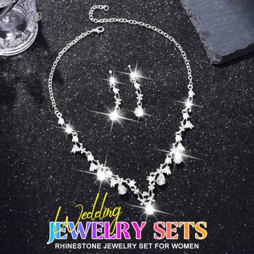 Gold Rhinestone Jewelry Set Bridal Wedding Necklace Earrings Sets Prom Formal Costume Jewelry for Women and Brides - color: Silver