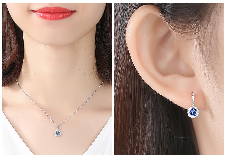 925 Sterling Silver Wedding Jewelry Set for Women - Sapphire Tone Gemstone Pendant Necklace and Stud Earrings with Cubic Zirconia Halo Design - Premium Rhodium Plated Finish - color: Blue