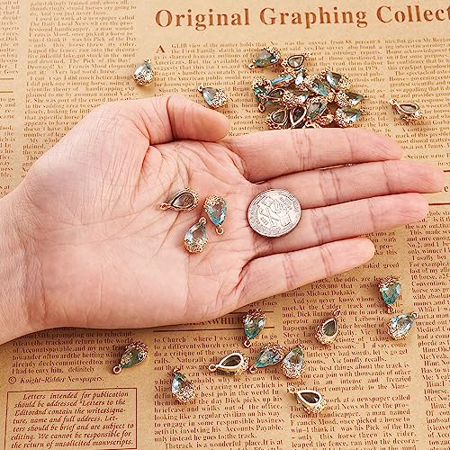 FASHEWELRY 50Pcs Faceted Transparent Glass Teardrop Pendants Crystal Glass Dangle Oval Drop Bead Charms with Golden Flower Open Back Settings for Jewelry Craft Making - color: Light Green