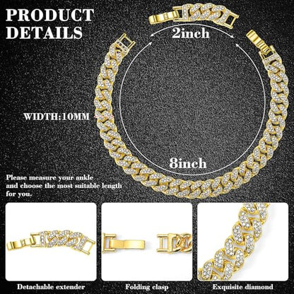 Batiyeer Women's Ankle Bracelets Cuban Link Chain Anklets Adjustable Chunky Anklets with Detachable Extender Rhinestone Bling Jewelry Gifts - color: Gold, size: 10 Mm, 8+2 Inches