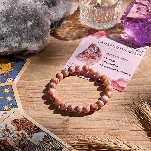 Bivei 8mm Beaded Bracelets for Women Handmade Semi Precious Natural Stone Stretch Elastic Jewelry Yoga Protection Gifts - color: Red Vein Jasper-Ignited Passion, size: Medium 6.8-7.3 inch