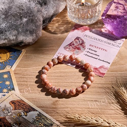 Bivei 8mm Beaded Bracelets for Women Handmade Semi Precious Natural Stone Stretch Elastic Jewelry Yoga Protection Gifts - color: Red Vein Jasper-Ignited Passion, size: Medium 6.8-7.3 inch