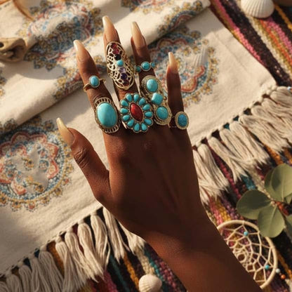 Chunky Gold Rings for Women Non Tarnish, Baroque Pearl Flower Tiger's Eye Stone Rings Adjustable Stacking Statement Rings Set Fashion Jewelry Gifts - style: Turquoise/red/colorful