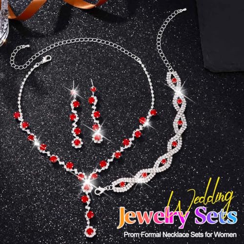 Silver Wedding Jewelry Sets Rhinestone Necklace Earrings Bracelet Set Prom Formal Costume Jewelry for Women and Brides - color: Red