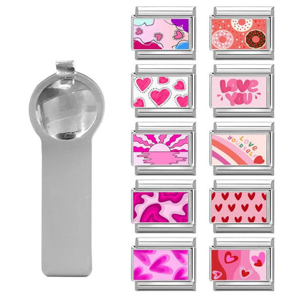 Loozykit Italian Charm Bracelet Silver 9mm Stainless Steel Bulk Charms | Women's Italian Style Charms, DIY removable Bracelets Set with Opening Tool and 10 Modules, Handmade Jewelry Gift for Girls - color: Sweet Heart Blush