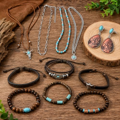 3Pcs Western Turquoise Jewelry Set Necklace Earrings Bracelet | Western Boho Style | Turquoise Beaded | Ox-Head Pendant | Layered Necklace | Faux Leather Cuff | Personalized Gift - color: Color-1