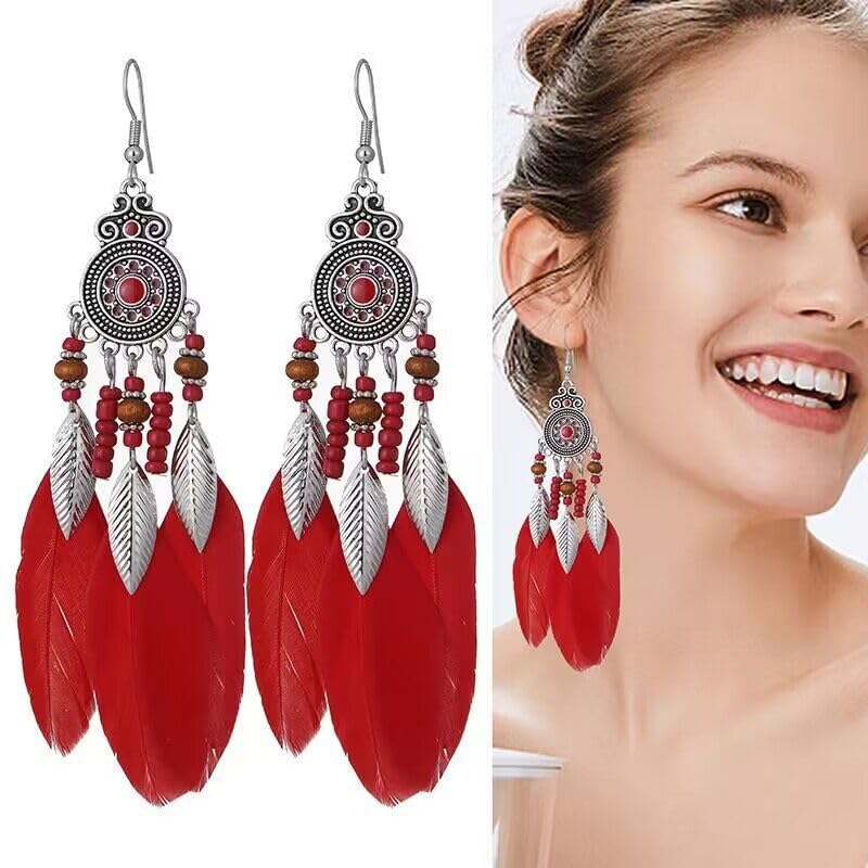 Boho Western Earrings for Women Western Feather Earrings Vintage Concho Turquoise Teardrop Dangle Earrings Country Concert Jewelry Accessories - style: Red feather