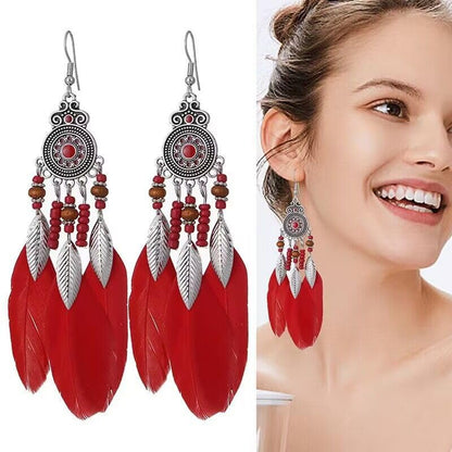 Boho Western Earrings for Women Western Feather Earrings Vintage Concho Turquoise Teardrop Dangle Earrings Country Concert Jewelry Accessories - style: Red feather