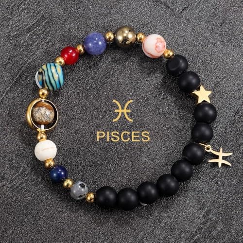 Solar System Planet Bead Zodiac Sign Stretch Bracelet for Men Women | Matte black beads with solar system planet stones, unisex design, perfect birthday holiday gift for men women - color: pisces