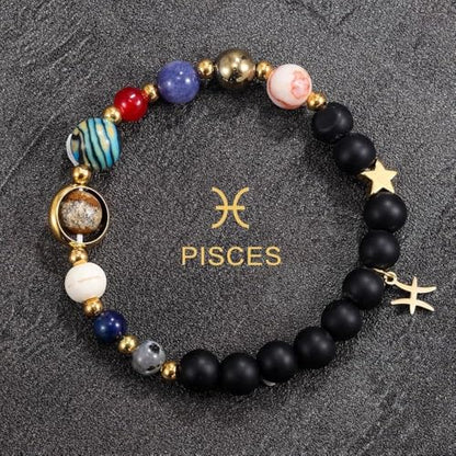 Solar System Planet Bead Zodiac Sign Stretch Bracelet for Men Women | Matte black beads with solar system planet stones, unisex design, perfect birthday holiday gift for men women - color: pisces