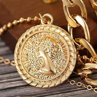 MJartoria Layered Necklaces for Women Trendy Retro Mother of Pearl Coin Letter Pendant Necklace Dainty Chunky Chain Choker Necklaces for Jewelry Birthday Gifts - style: D
