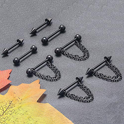 316L Surgical Steel Chain Dangle Nipple Shield Rings 14G Nipplering Barbell Piercing Jewelry for Women Men - color: Black/4Pr