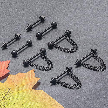 316L Surgical Steel Chain Dangle Nipple Shield Rings 14G Nipplering Barbell Piercing Jewelry for Women Men - color: Black/4Pr