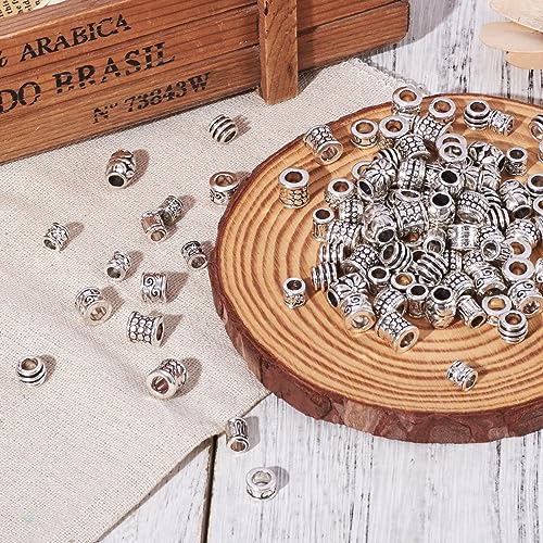 Craftdady 190Pcs Antique Silver Spacer Beads 8 Styles Tibetan Large Hole Column Tube Barrel Metal Charm Beads Hole: 4-5mm Fit European Charm Snake Chain Bracelet Jewelry Making - color: 8 Styles, 190Pcs, Antique Silver