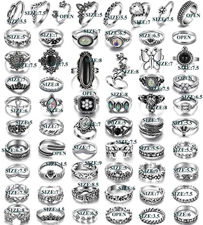 17IF Vintage Silver Knuckle Rings Set for Women Men, Chunky Boho Rings | Aesthetic Snake Grunge Stackable Gothic Ring Adjustable Y2K Punk Bulky Finger Alt of Rings, Stacking Flower Midi Ring Pack - style: 60