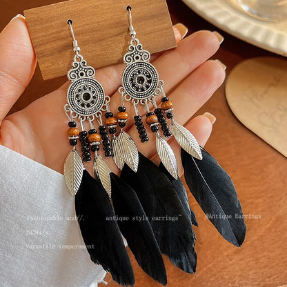 Boho Western Earrings for Women Western Feather Earrings Vintage Concho Turquoise Teardrop Dangle Earrings Country Concert Jewelry Accessories - style: Black feather